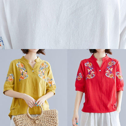 Women yellow embroidery linen cotton Blouse Sewing v neck summer top - SooLinen