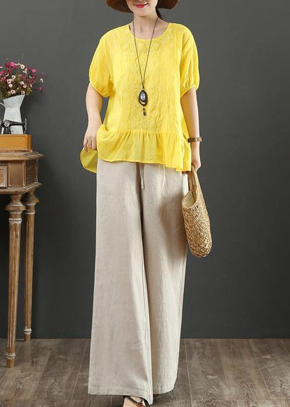 Women yellow embroidery linen tops for women o neck loose shirt - SooLinen