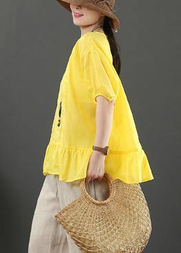 Women yellow embroidery linen tops for women o neck loose shirt - SooLinen