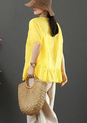 Women yellow embroidery linen tops for women o neck loose shirt - SooLinen