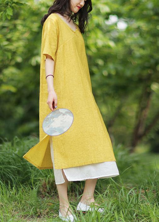 Women yellow linen cotton Robes v neck side open Art summer Dress - SooLinen
