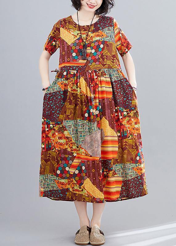 Women yellow print Long Shirts o neck Cinched A Line Dress - SooLinen