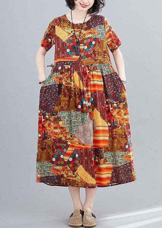 Women yellow print Long Shirts o neck Cinched A Line Dress - SooLinen