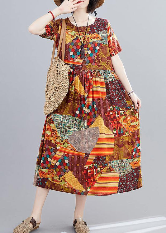 Women yellow print Long Shirts o neck Cinched A Line Dress - SooLinen