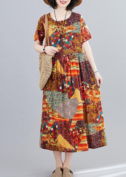 Women yellow print Long Shirts o neck Cinched A Line Dress - SooLinen