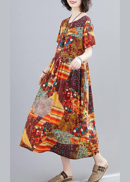 Women yellow print Long Shirts o neck Cinched A Line Dress - SooLinen