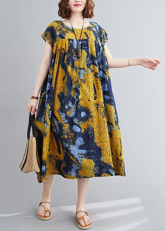 Women yellow print quilting dresses o neck Cinched Maxi summer Dress - SooLinen