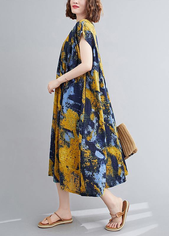 Women yellow print quilting dresses o neck Cinched Maxi summer Dress - SooLinen