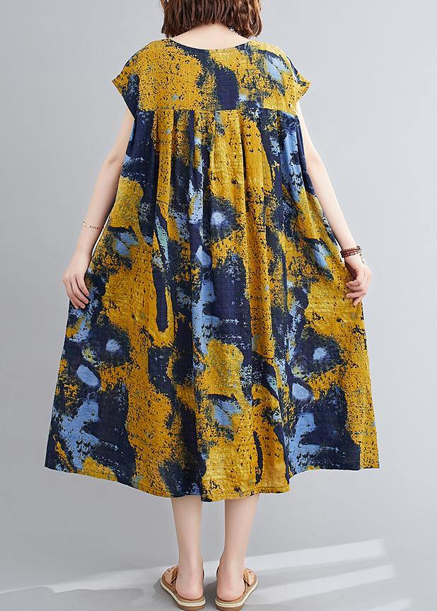 Women yellow print quilting dresses o neck Cinched Maxi summer Dress - SooLinen