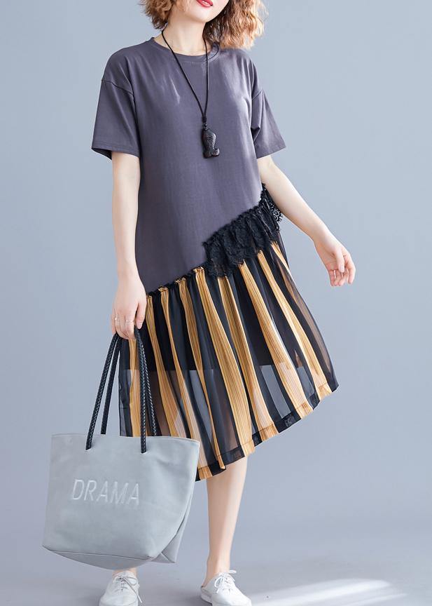Women yellow striped Cotton o neck patchwork shift summer Dress - SooLinen