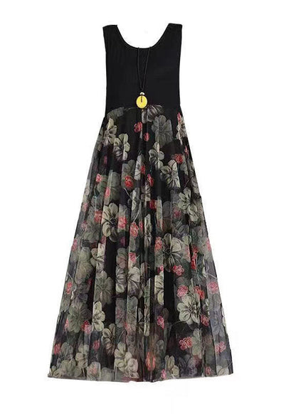 Damen Schwarz Print Patchwork Spitze Sommer Partykleid