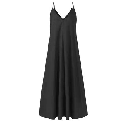 Damen Blaues Langes Leinenkleid Oversized Ärmelloses Leinenkleid Damen V-Ausschnitt Kleid