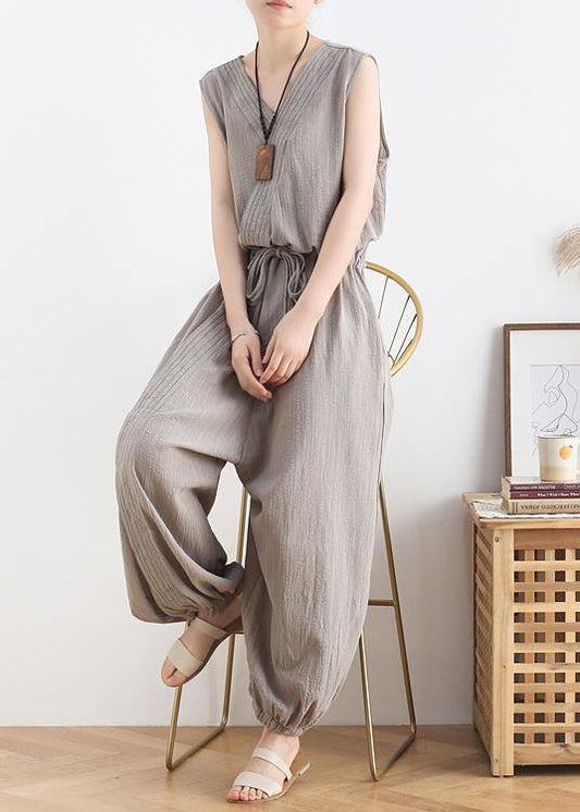 Women's 2021 spring and summer new drawstring waist gray jumpsuit wide-leg pants - SooLinen