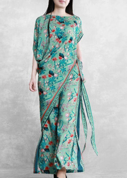 Women's 2021 summer national style green print suit irregular two-piece - SooLinen