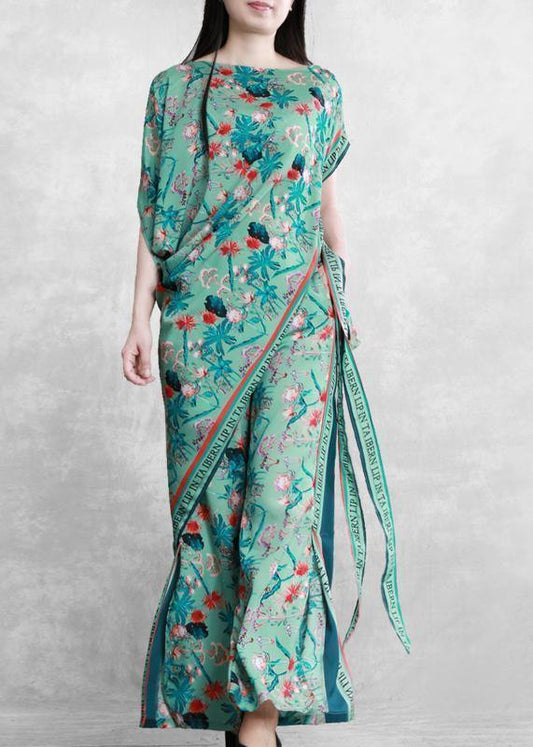 Women's 2021 summer national style green print suit irregular two-piece - SooLinen