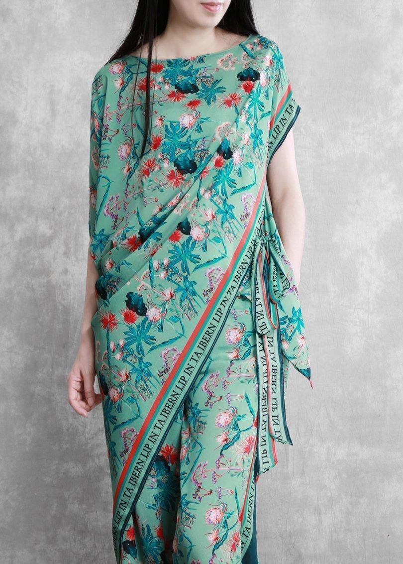 Women's 2021 summer national style green print suit irregular two-piece - SooLinen