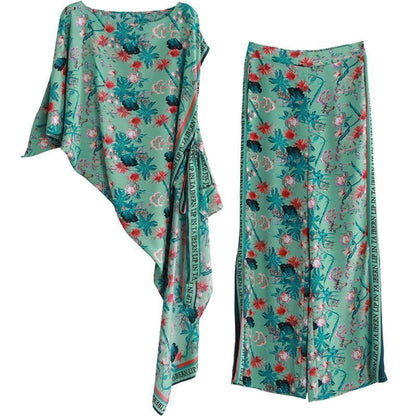 Women's 2021 summer national style green print suit irregular two-piece - SooLinen