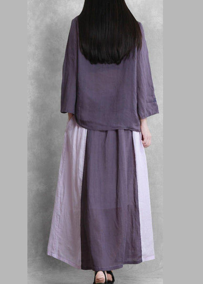 Women's Autumn Purple Suit Lace-up Three-quarter Sleeve Shirt Contrasting Color Sweater Skirt - SooLinen