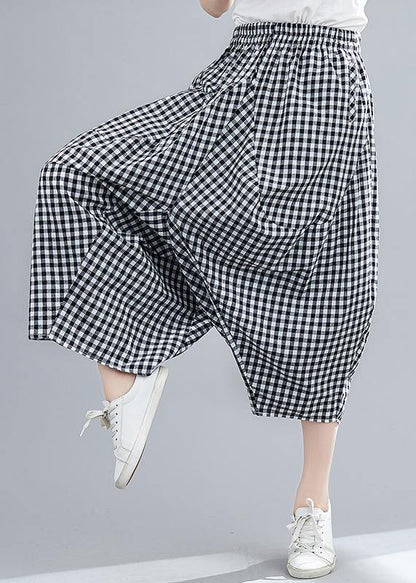 Women's Stitched Black Plaid Large Casual Capris - SooLinen