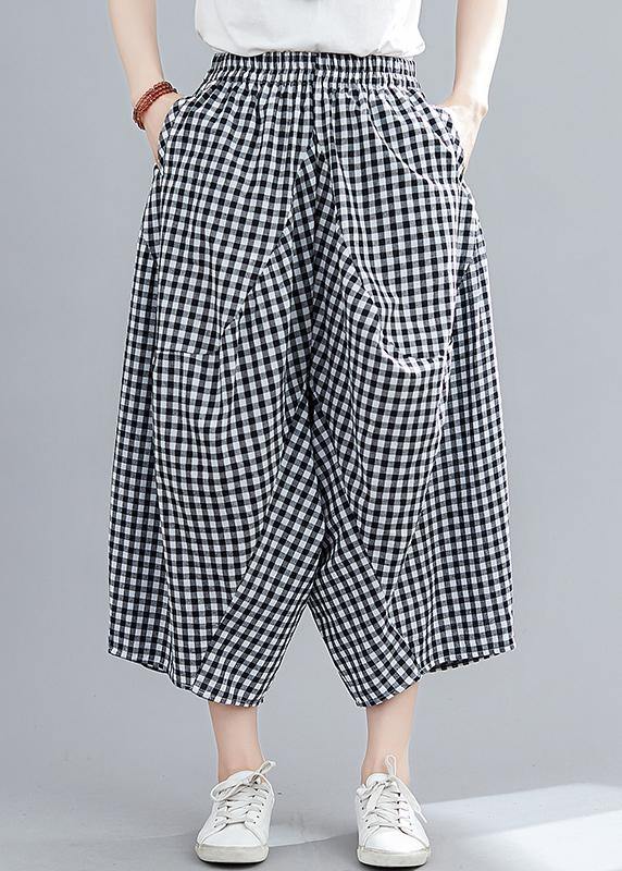 Women's Stitched Black Plaid Large Casual Capris - SooLinen
