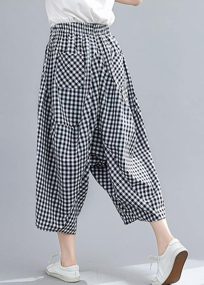 Women's Stitched Black Plaid Large Casual Capris - SooLinen