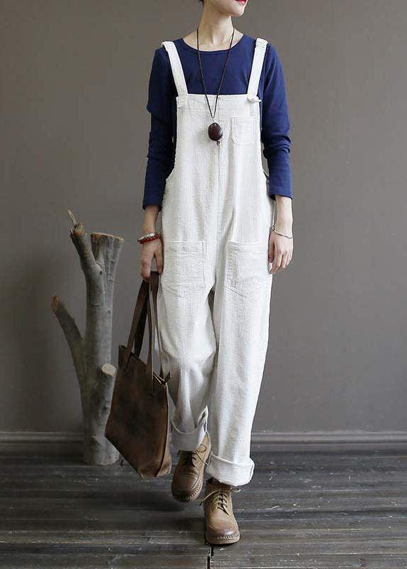 Women's autumn loose loose white corduroy overalls college jumpsuit - SooLinen