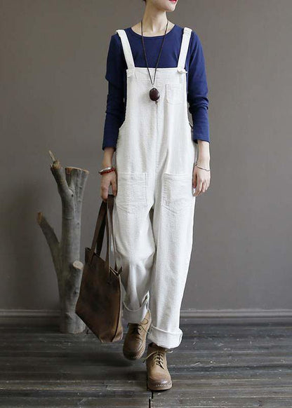 Women's autumn loose loose white corduroy overalls college jumpsuit - SooLinen