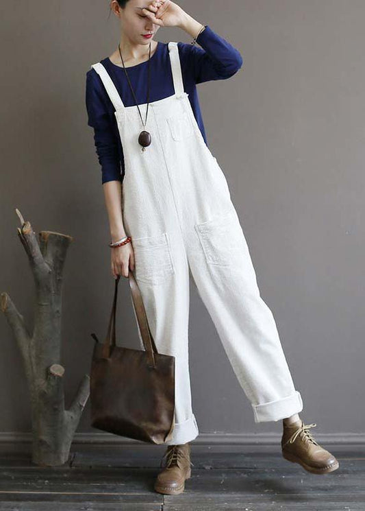 Women's autumn loose loose white corduroy overalls college jumpsuit - SooLinen