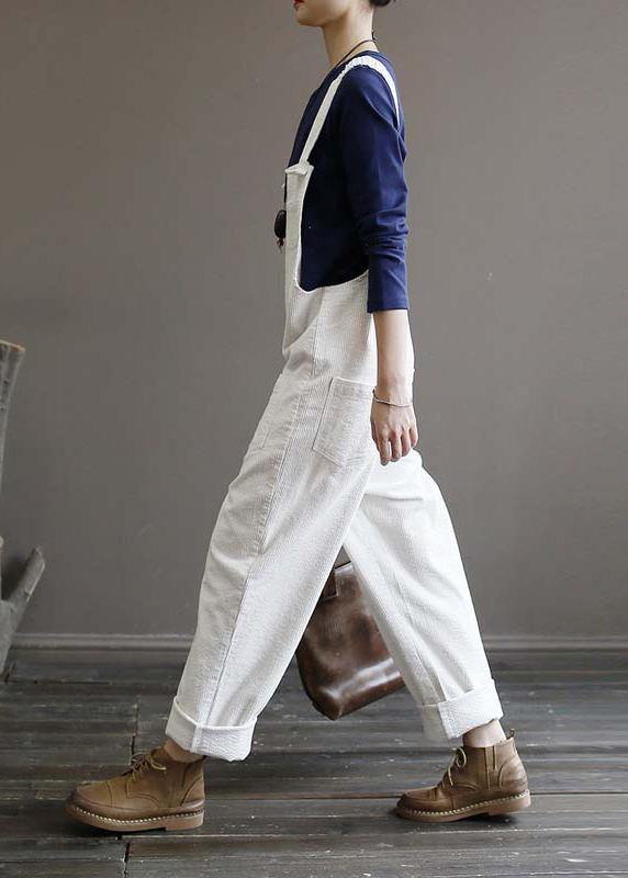 Women's autumn loose loose white corduroy overalls college jumpsuit - SooLinen