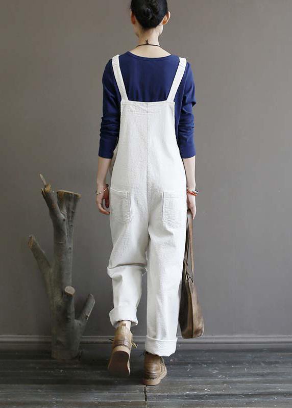 Women's autumn loose loose white corduroy overalls college jumpsuit - SooLinen