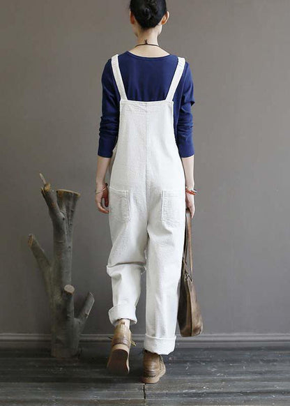 Women's autumn loose loose white corduroy overalls college jumpsuit - SooLinen
