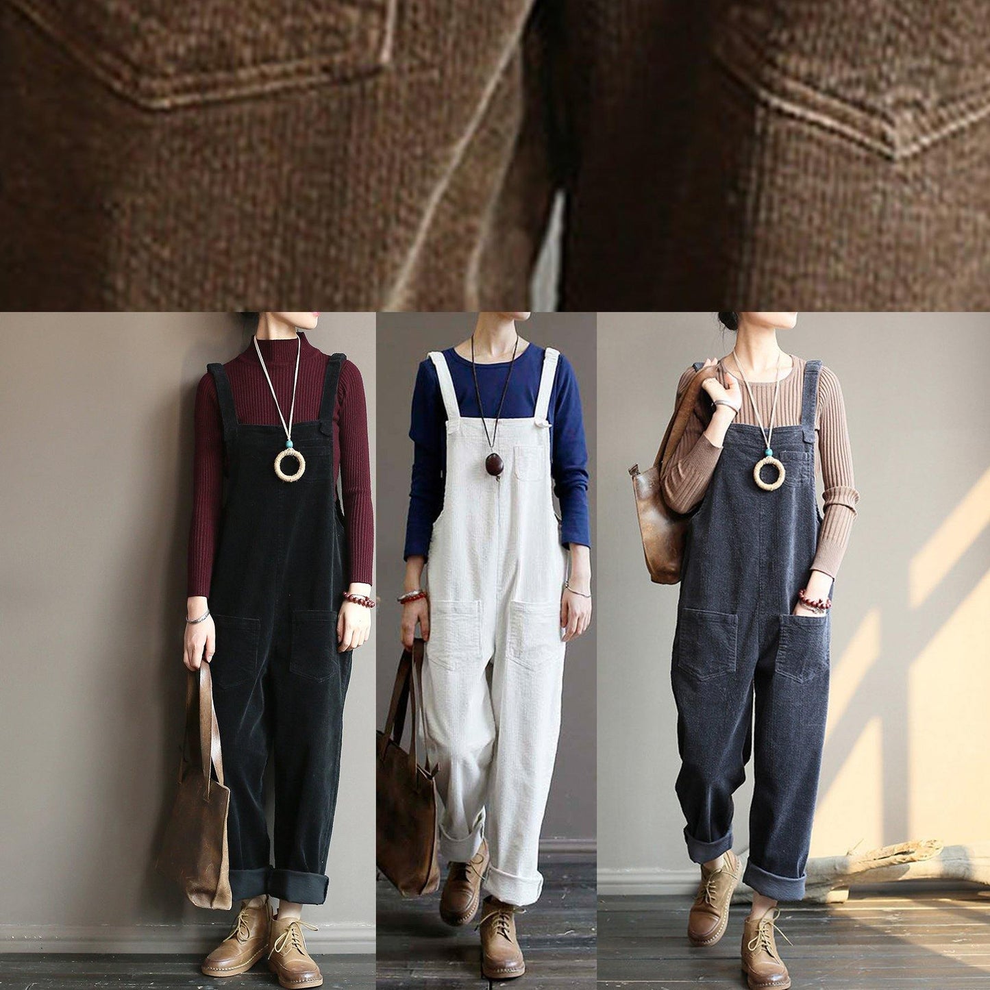 Women's autumn loose loose white corduroy overalls college jumpsuit - SooLinen