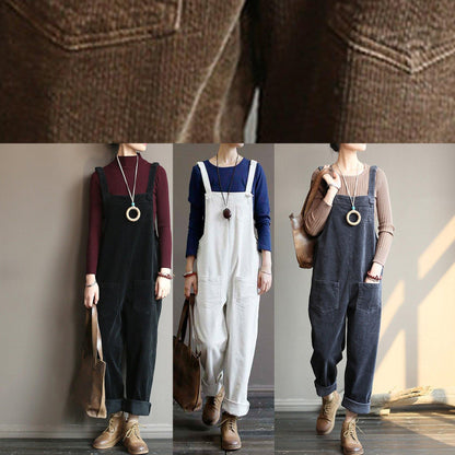 Women's autumn loose loose white corduroy overalls college jumpsuit - SooLinen