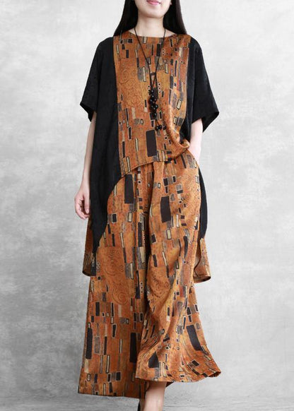 Women's literary stitching suit loose irregular casual two-piece yellow summer - SooLinen