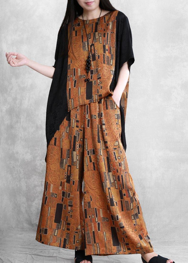 Women's literary stitching suit loose irregular casual two-piece yellow summer - SooLinen