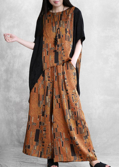 Women's literary stitching suit loose irregular casual two-piece yellow summer - SooLinen