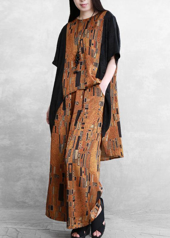 Women's literary stitching suit loose irregular casual two-piece yellow summer - SooLinen