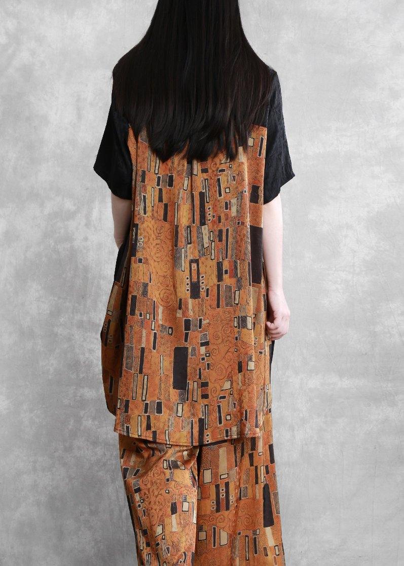 Women's literary stitching suit loose irregular casual two-piece yellow summer - SooLinen