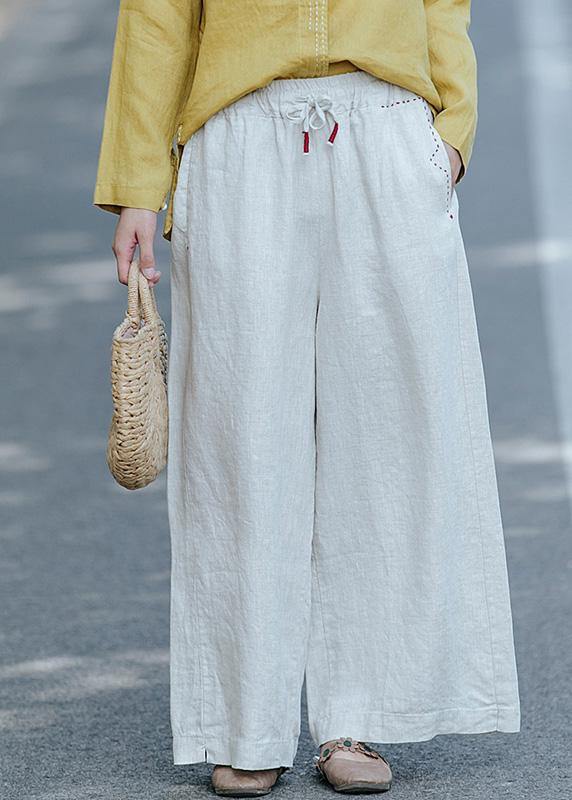 Women's literature white loose straight elastic waist lace up wide leg pants - SooLinen