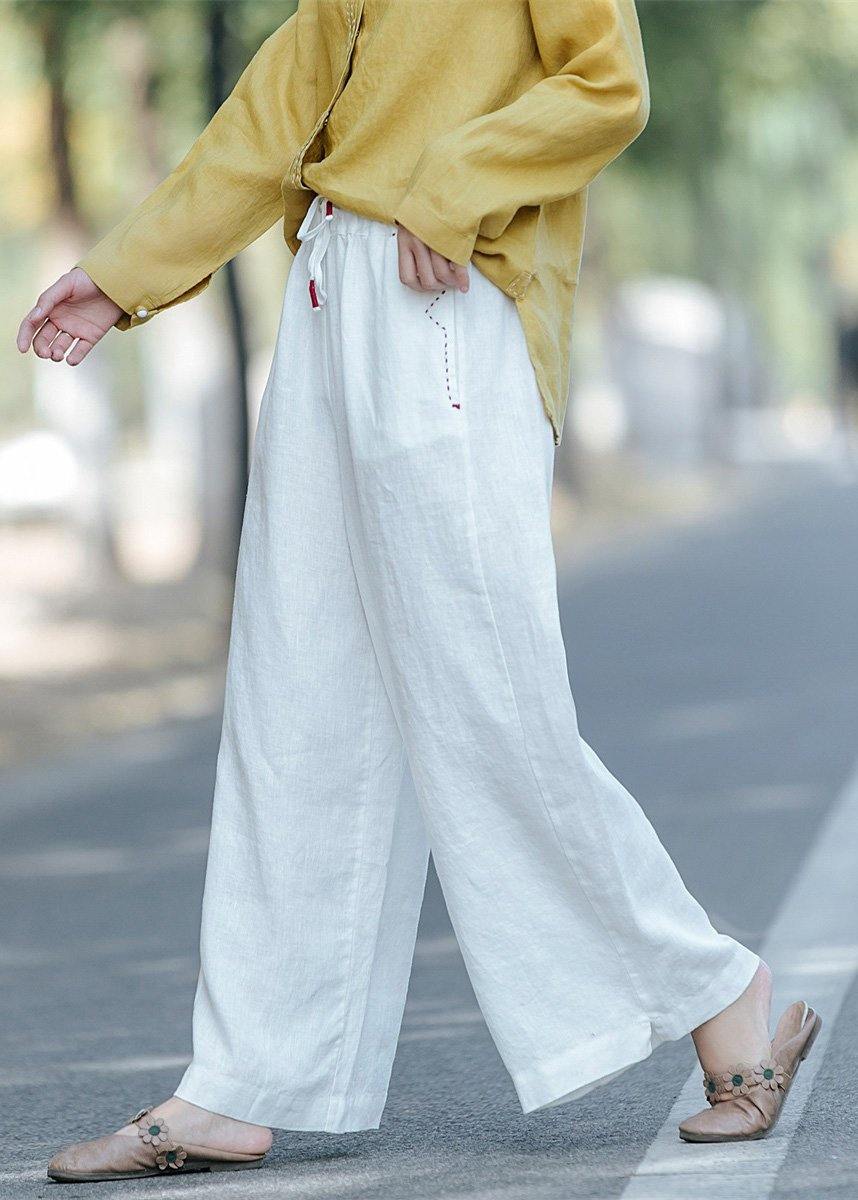 Women's literature white loose straight elastic waist lace up wide leg pants - SooLinen