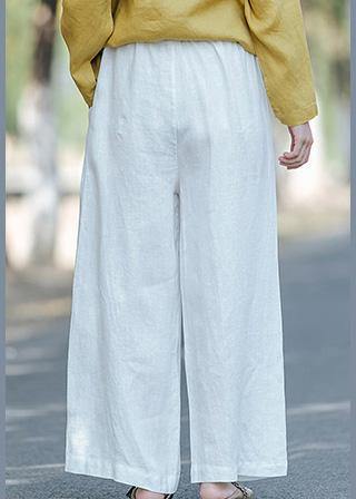 Women's literature white loose straight elastic waist lace up wide leg pants - SooLinen