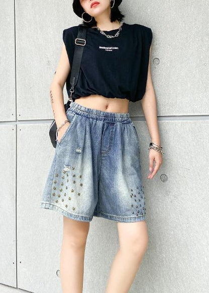 Women's loose straight denim blue shorts large size thin section rivet hole five-point pants - SooLinen