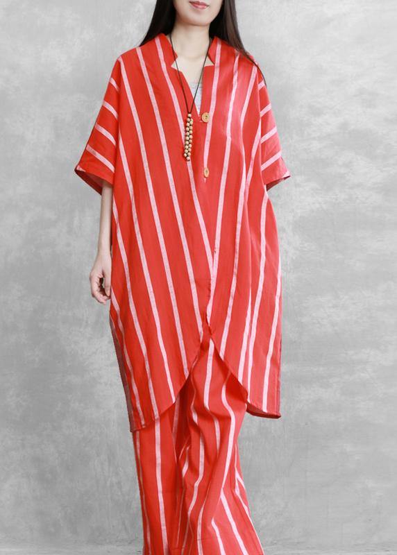 Women's loose suits, wear more red stripes stitching shirts, casual wide-leg pants - SooLinen