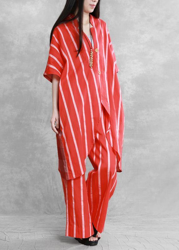 Women's loose suits, wear more red stripes stitching shirts, casual wide-leg pants - SooLinen