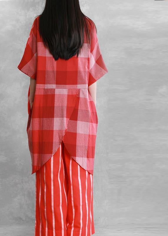 Women's loose suits, wear more red stripes stitching shirts, casual wide-leg pants - SooLinen