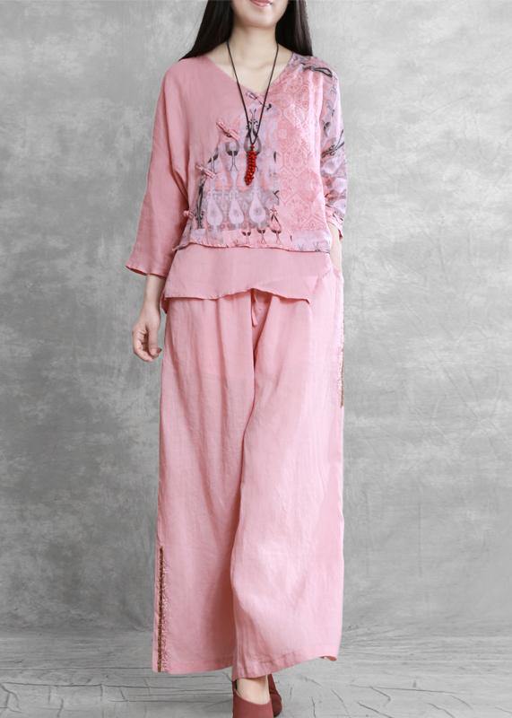 Women's national style suit fake two-piece top wide-leg pants two-piece - SooLinen