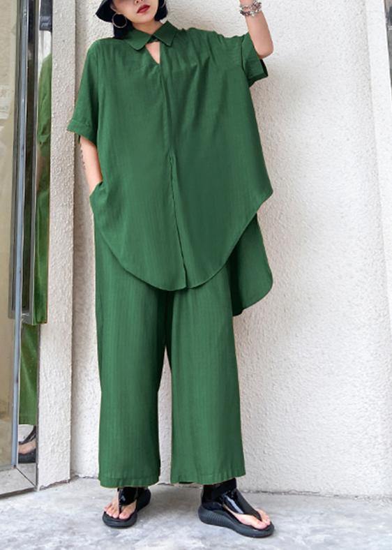 Women's retro plus size was thin and windy and wide-leg pants green two-piece suit - SooLinen