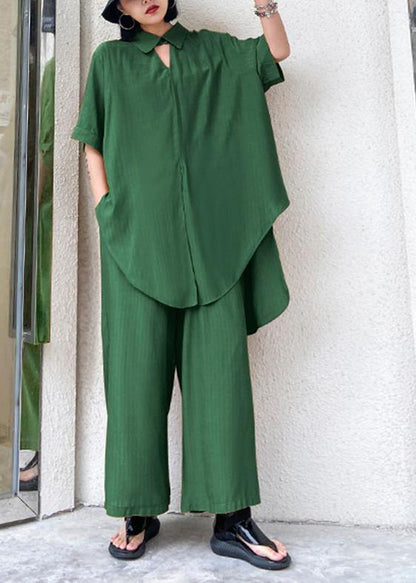 Women's retro plus size was thin and windy and wide-leg pants green two-piece suit - SooLinen