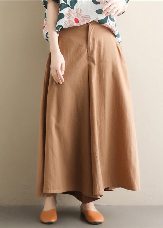 Women's simple retro solid color elastic waist casual khaki wide leg culottes - SooLinen
