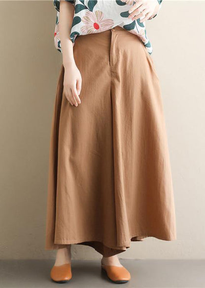 Women's simple retro solid color elastic waist casual khaki wide leg culottes - SooLinen